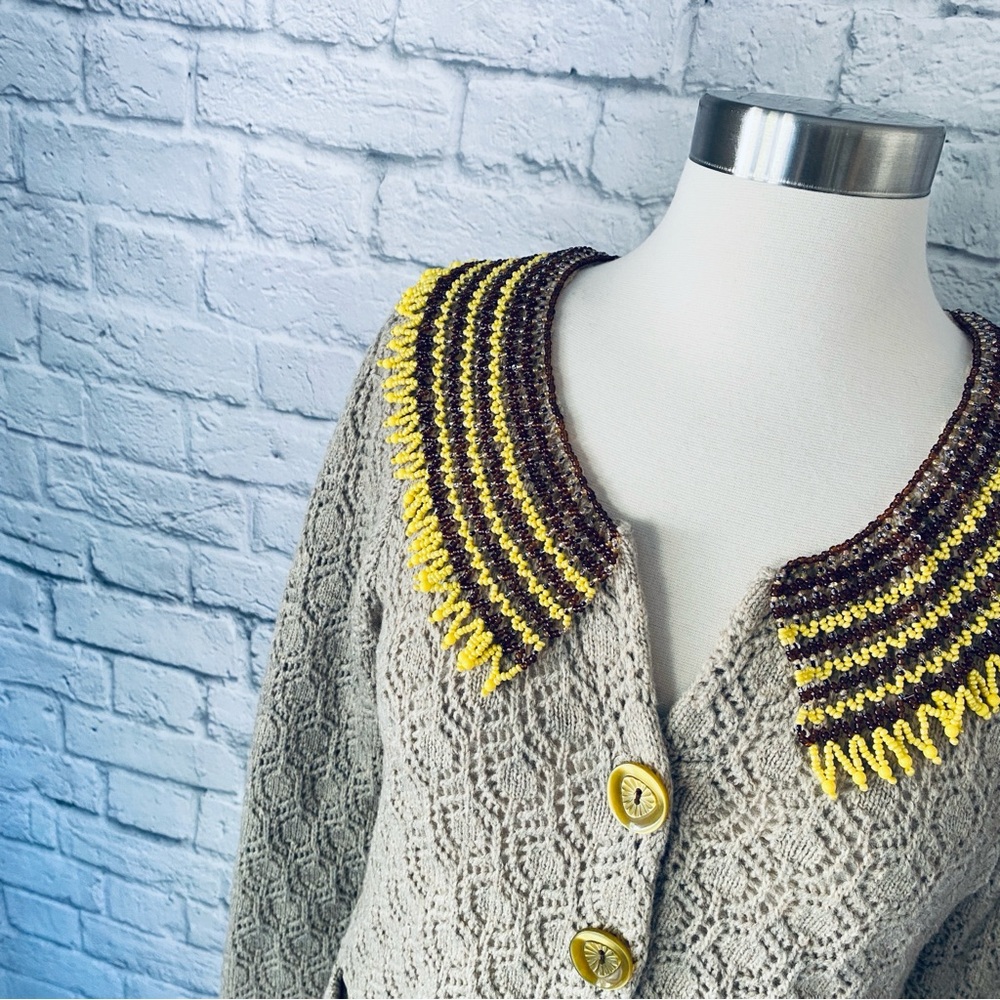 Sparrow Anthropologie Rising Ra Sweater Cardigan Knit Beaded Lambswool Womens M